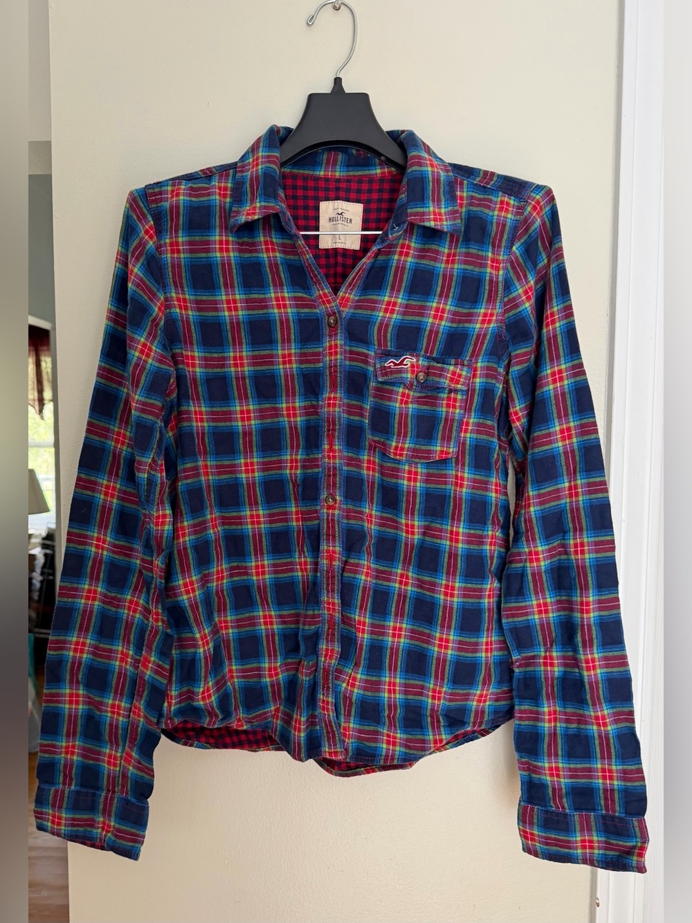 Hollister Navy, Red & Teal Plaid Zip-Front Shirt